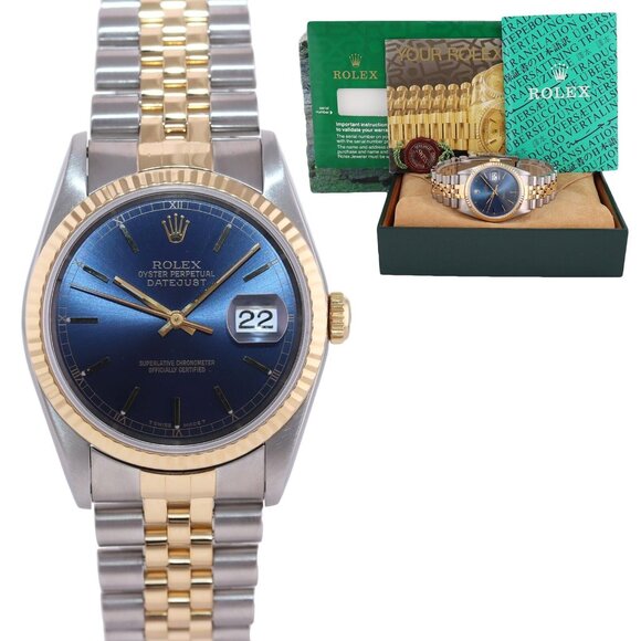 Rolex 36mm Blue Face Two Tone Watch W/ Cards and Box